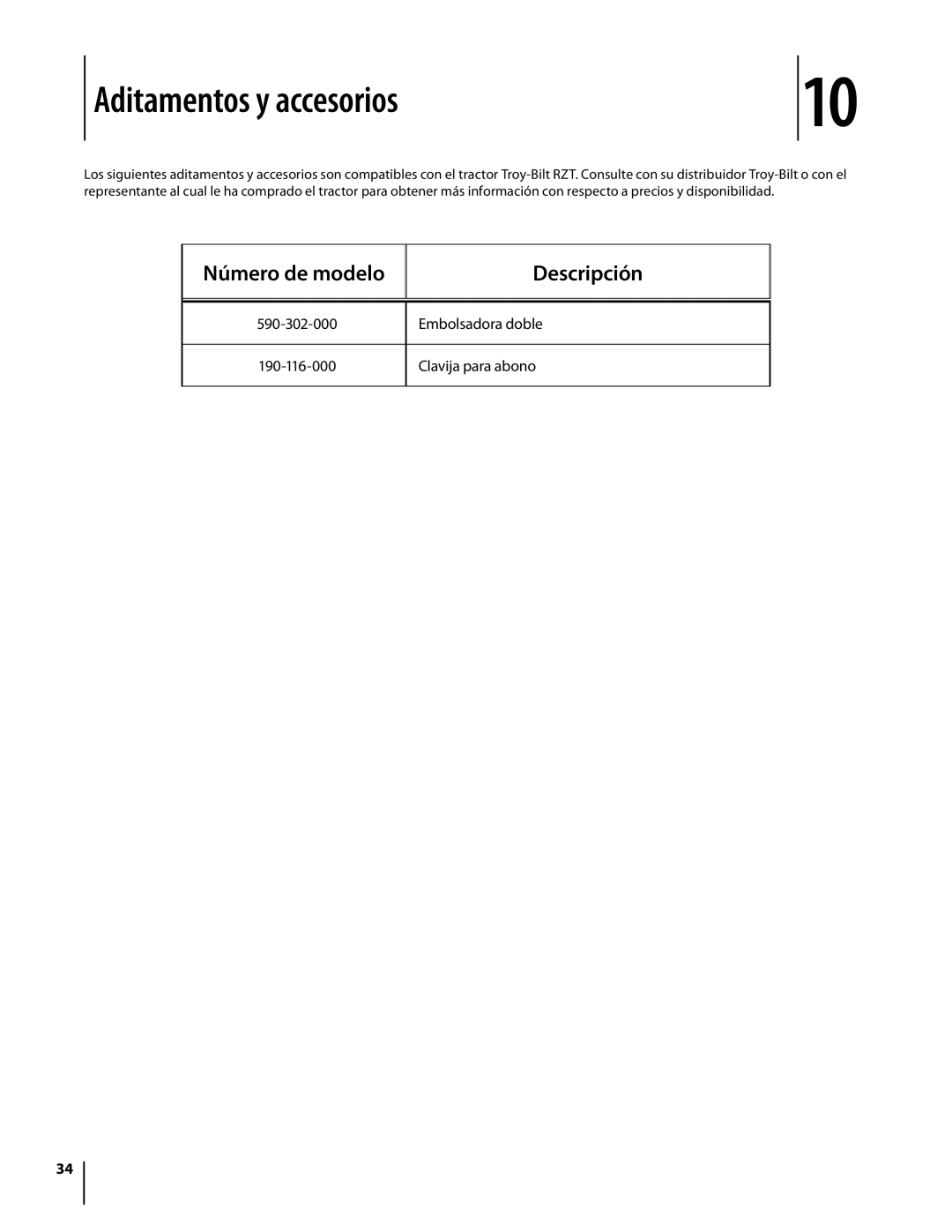 Troy-Bilt Colt RZT warranty Aditamentos y accesorios, Número de modelo Descripción 