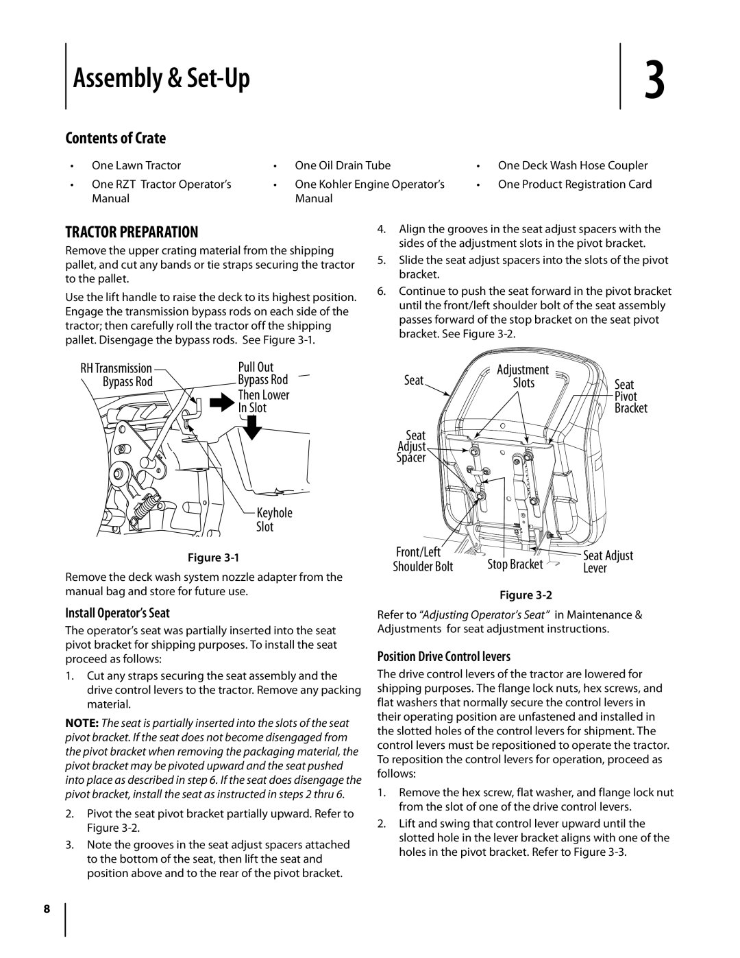 Troy-Bilt Colt RZT warranty Assembly & Set-Up, Contents of Crate, Tractor preparation 