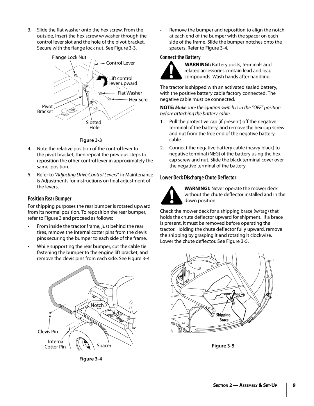 Troy-Bilt Colt RZT warranty Position Rear Bumper, Connect the Battery, Lower Deck Discharge Chute Deflector 