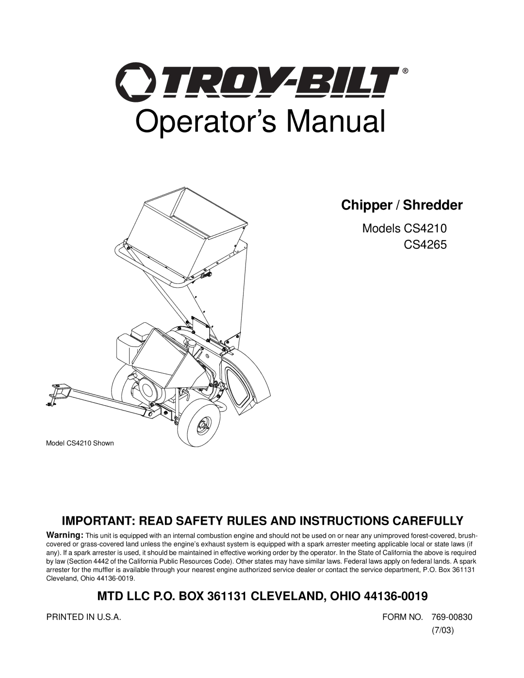 Troy-Bilt CS4210, CS4265 manual Operator’s Manual 