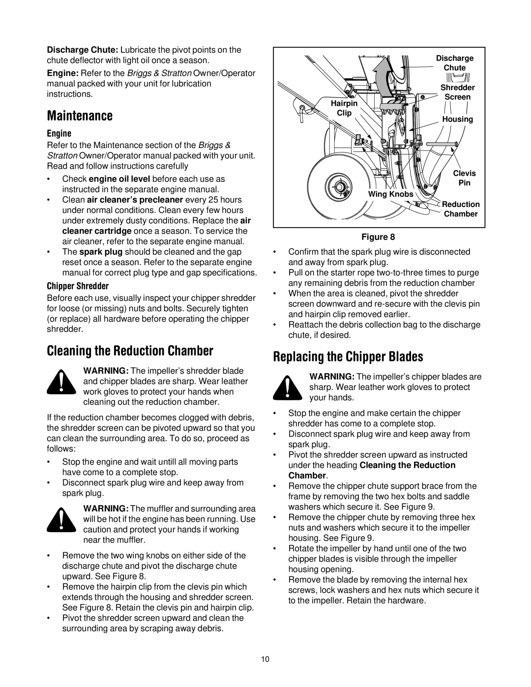 Troy-Bilt CS4210, CS4265 manual Maintenance, Cleaning the Reduction Chamber, Replacing the Chipper Blades, Engine 