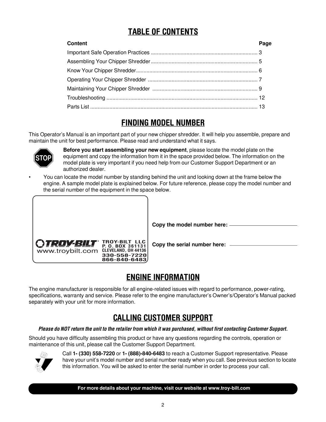 Troy-Bilt CS4210, CS4265 manual Table of Contents, Finding Model Number, Engine Information, Calling Customer Support 