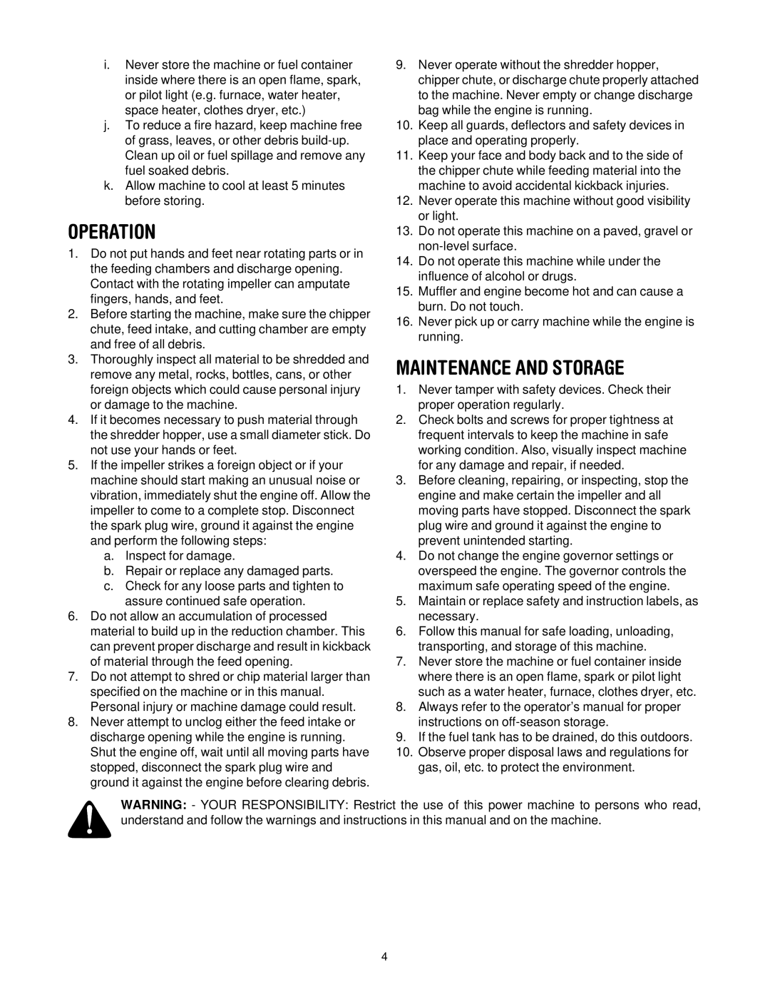 Troy-Bilt CS4210, CS4265 manual Operation, Maintenance and Storage 