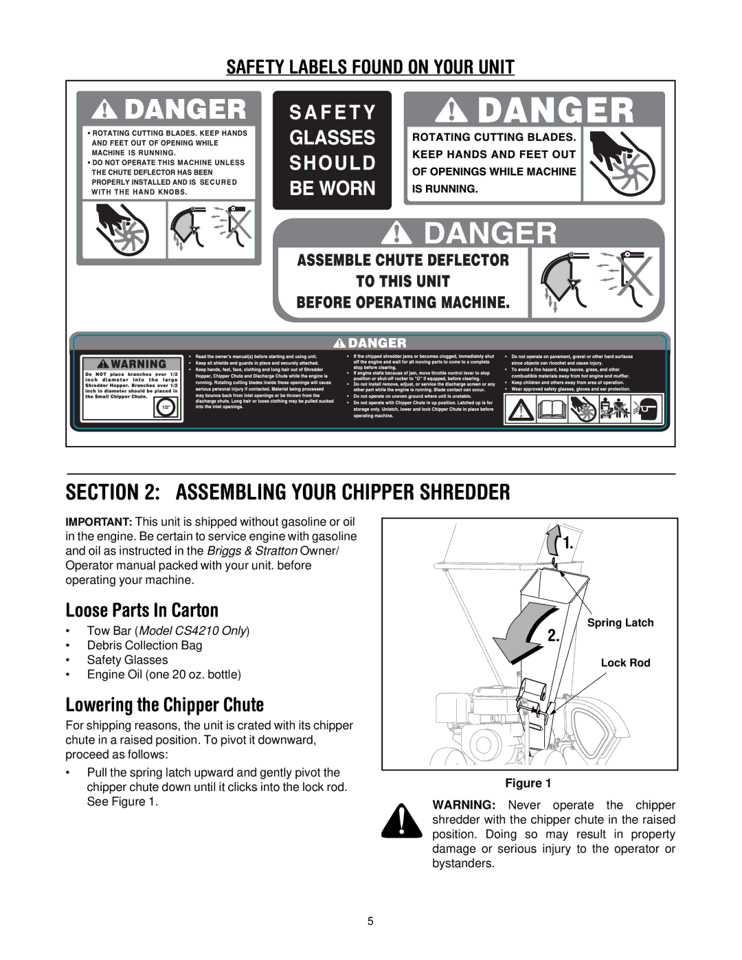 Troy-Bilt CS4210, CS4265 manual Assembling Your Chipper Shredder, Safety Labels Found on Your Unit, Loose Parts In Carton 