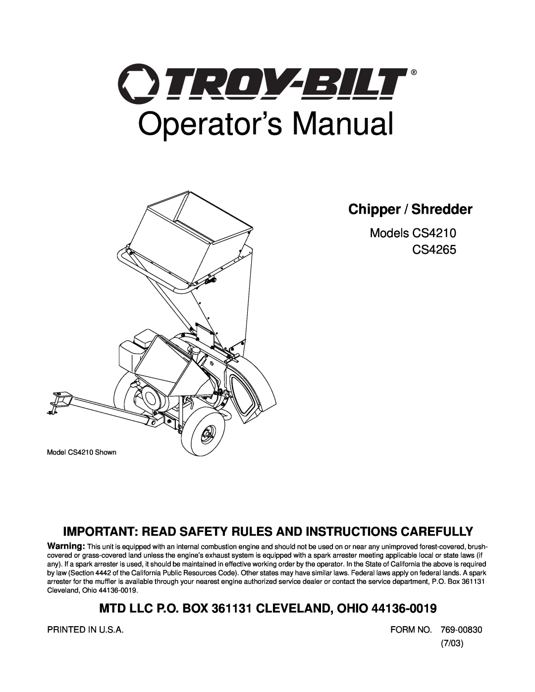 Troy-Bilt CS4210, CS4265 manual Operator’s Manual, Chipper / Shredder, Models CS4210 CS4265 