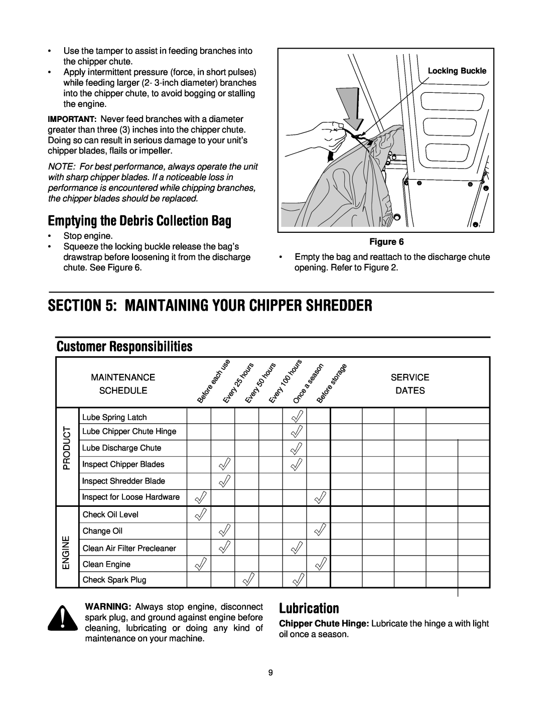 Troy-Bilt CS4210, CS4265 manual Maintaining Your Chipper Shredder, Lubrication, Emptying the Debris Collection Bag 