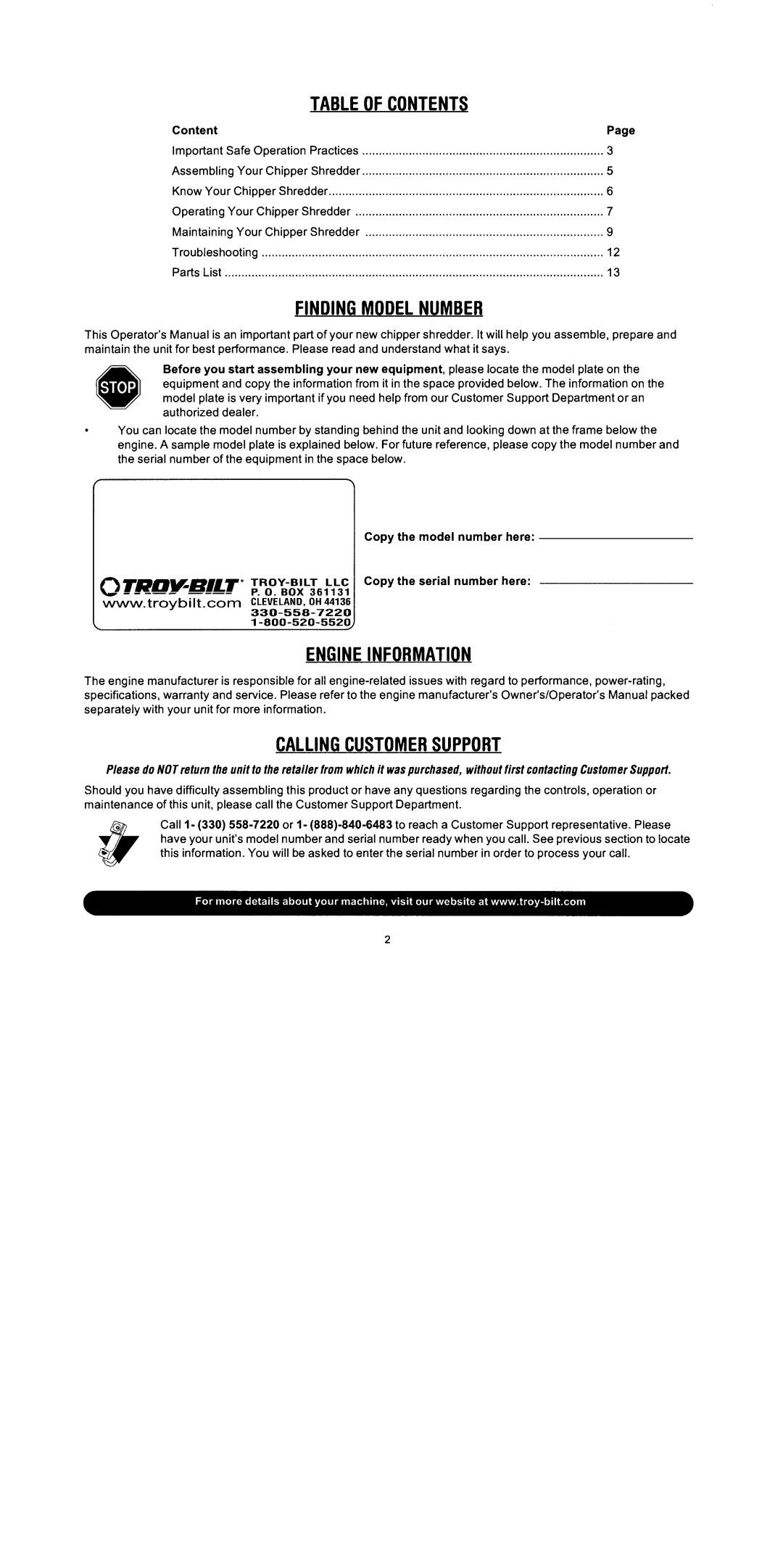 Troy-Bilt CS4265, CS4210 manual 