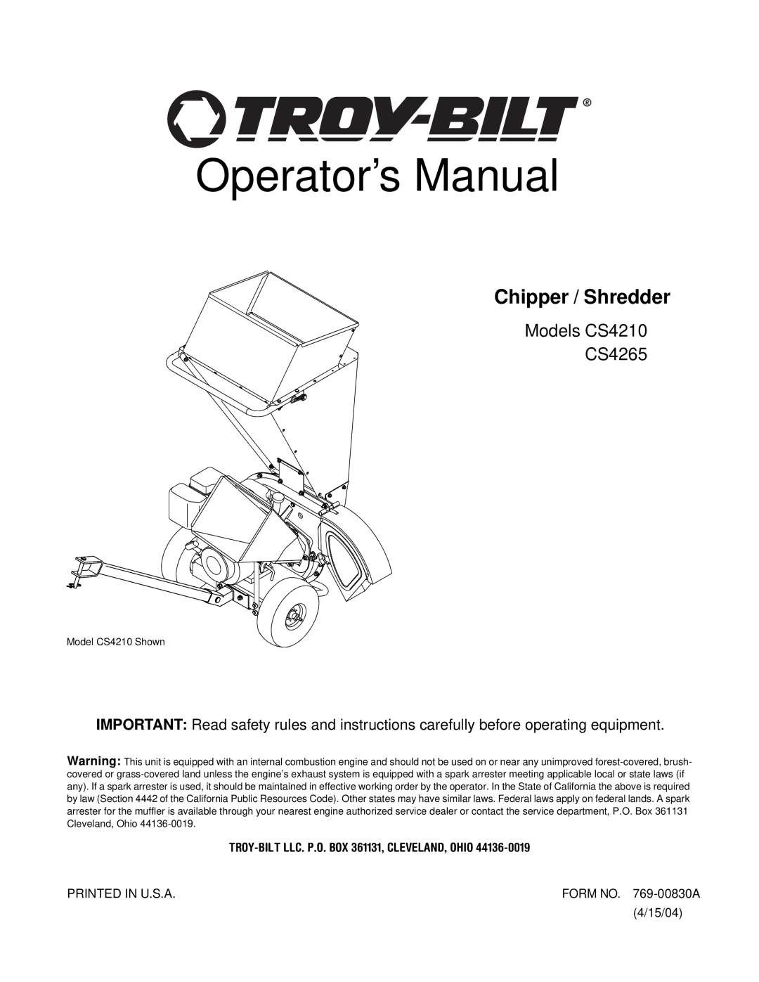 Troy-Bilt CS4210, CS4265 manual Operator’s Manual 