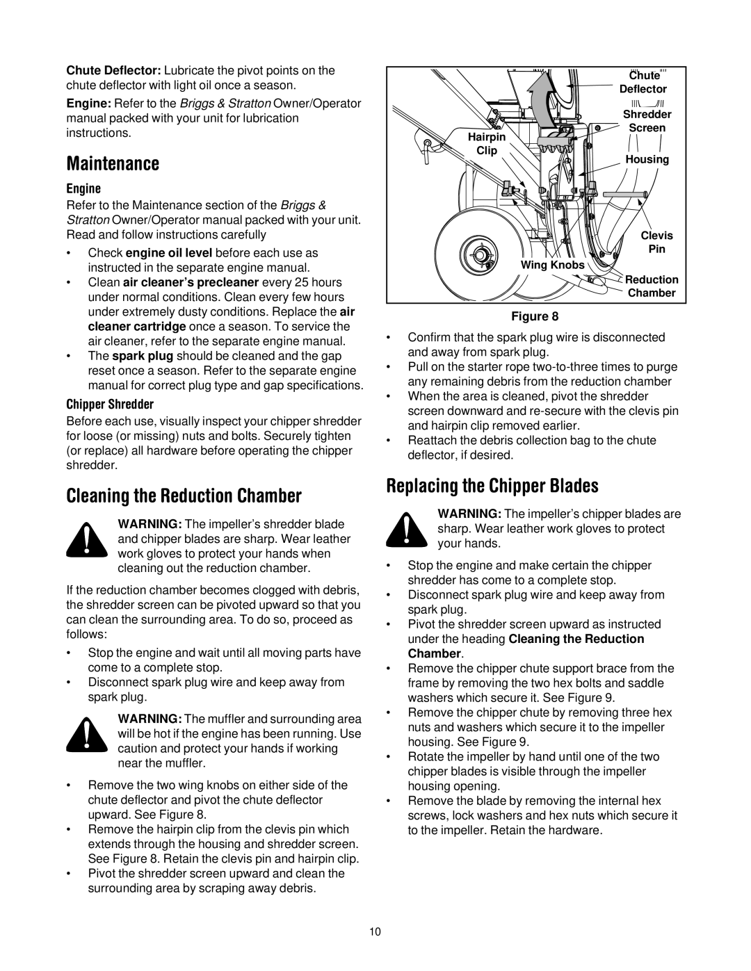 Troy-Bilt CS4265 manual Maintenance, Cleaning the Reduction Chamber, Replacing the Chipper Blades, Engine, Chipper Shredder 