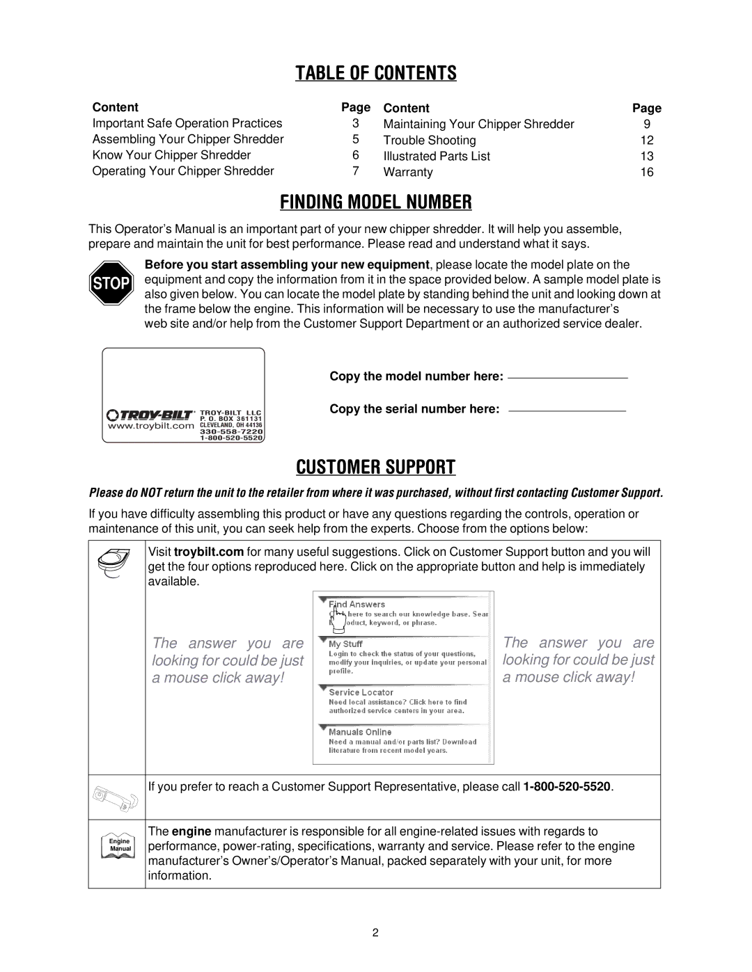 Troy-Bilt CS4265, CS4210 manual Table of Contents, Finding Model Number, Customer Support 