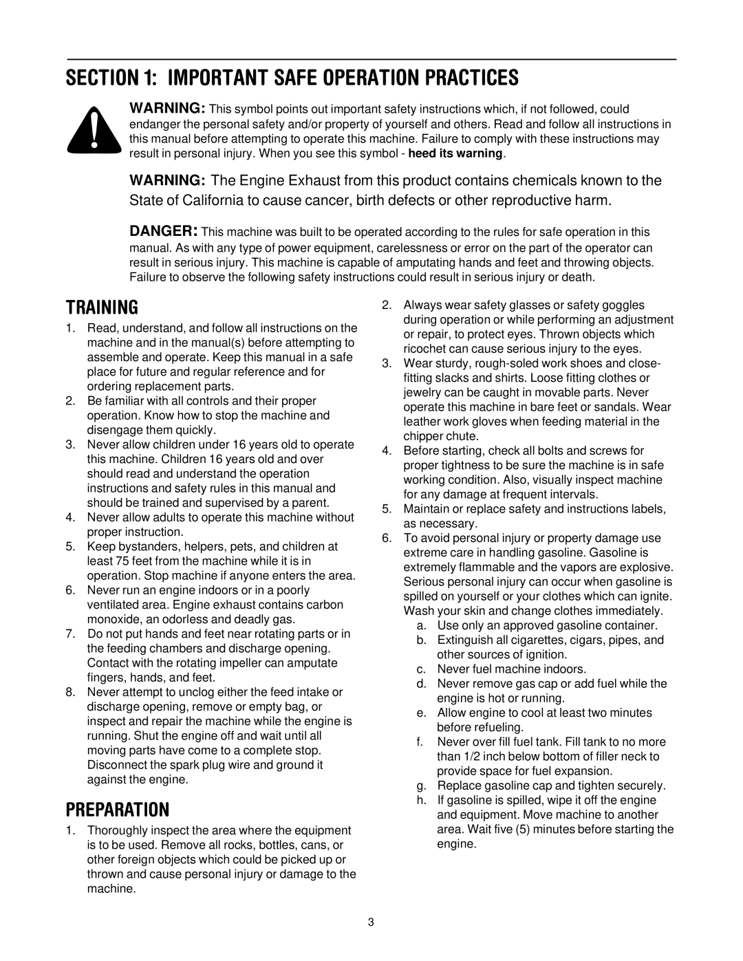 Troy-Bilt CS4210, CS4265 manual Important Safe Operation Practices, Training, Preparation 