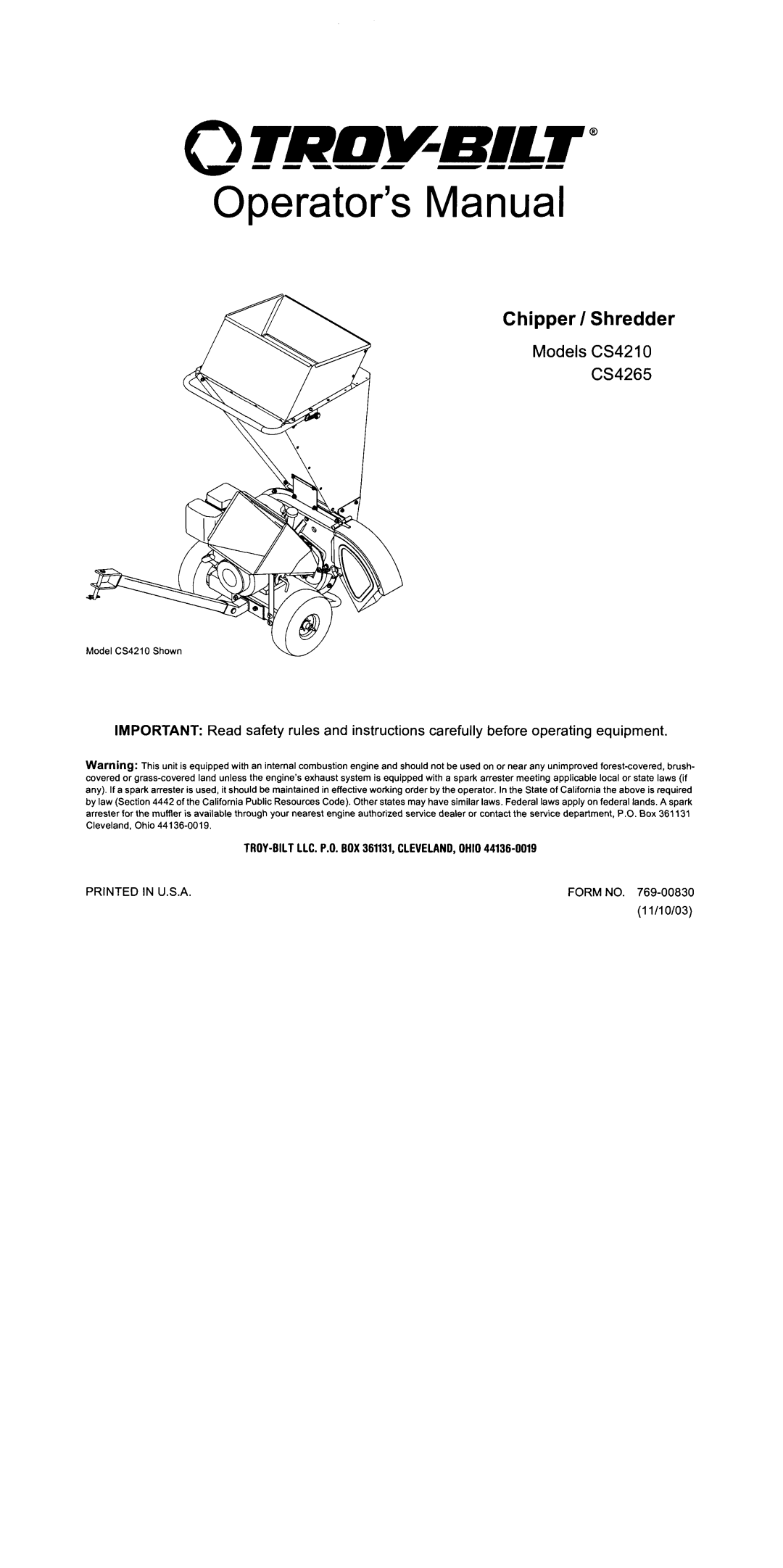 Troy-Bilt manual Operator’s Manual, Chipper / Shredder, Models CS4210 CS4265 