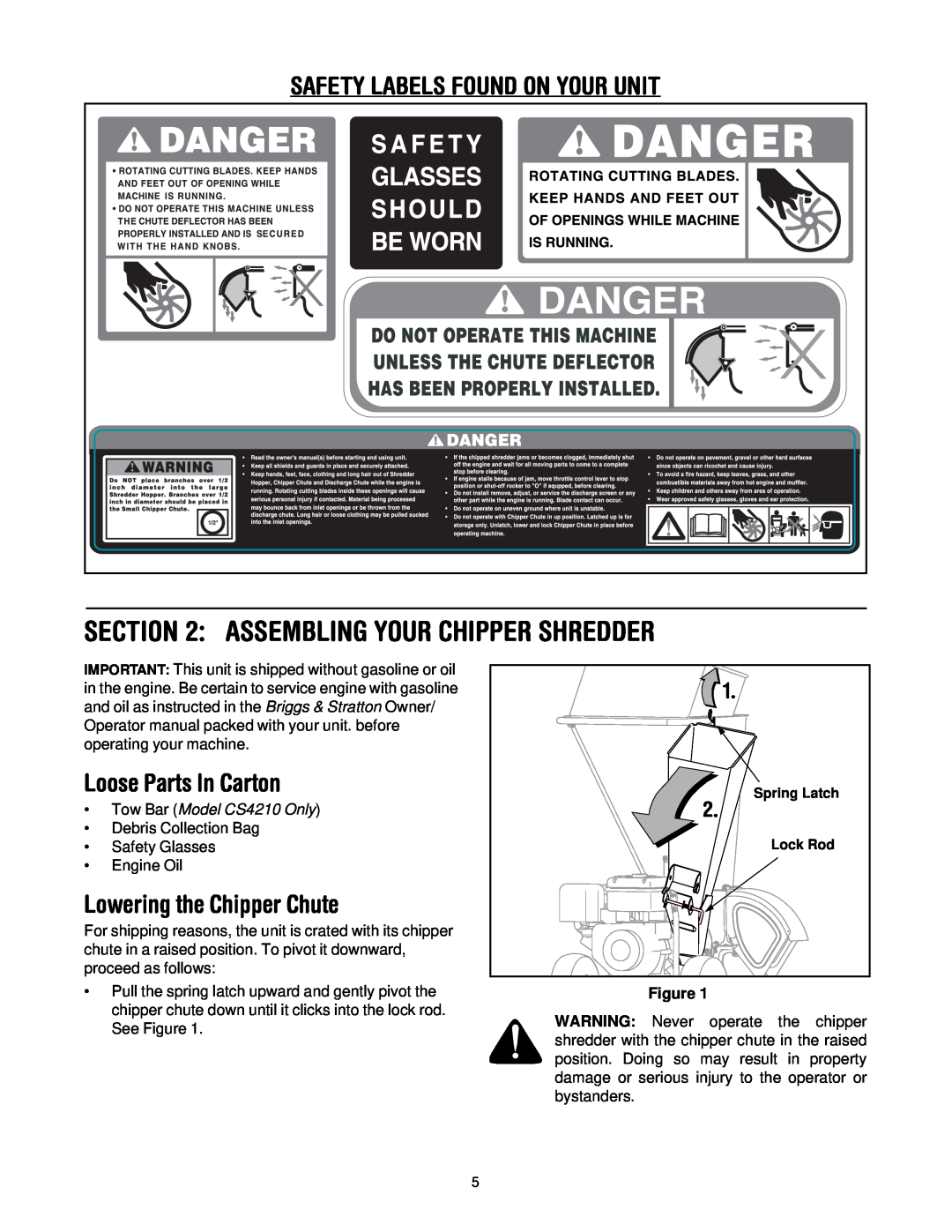 Troy-Bilt CS4210, CS4265 manual Assembling Your Chipper Shredder, Safety Labels Found On Your Unit, Loose Parts In Carton 