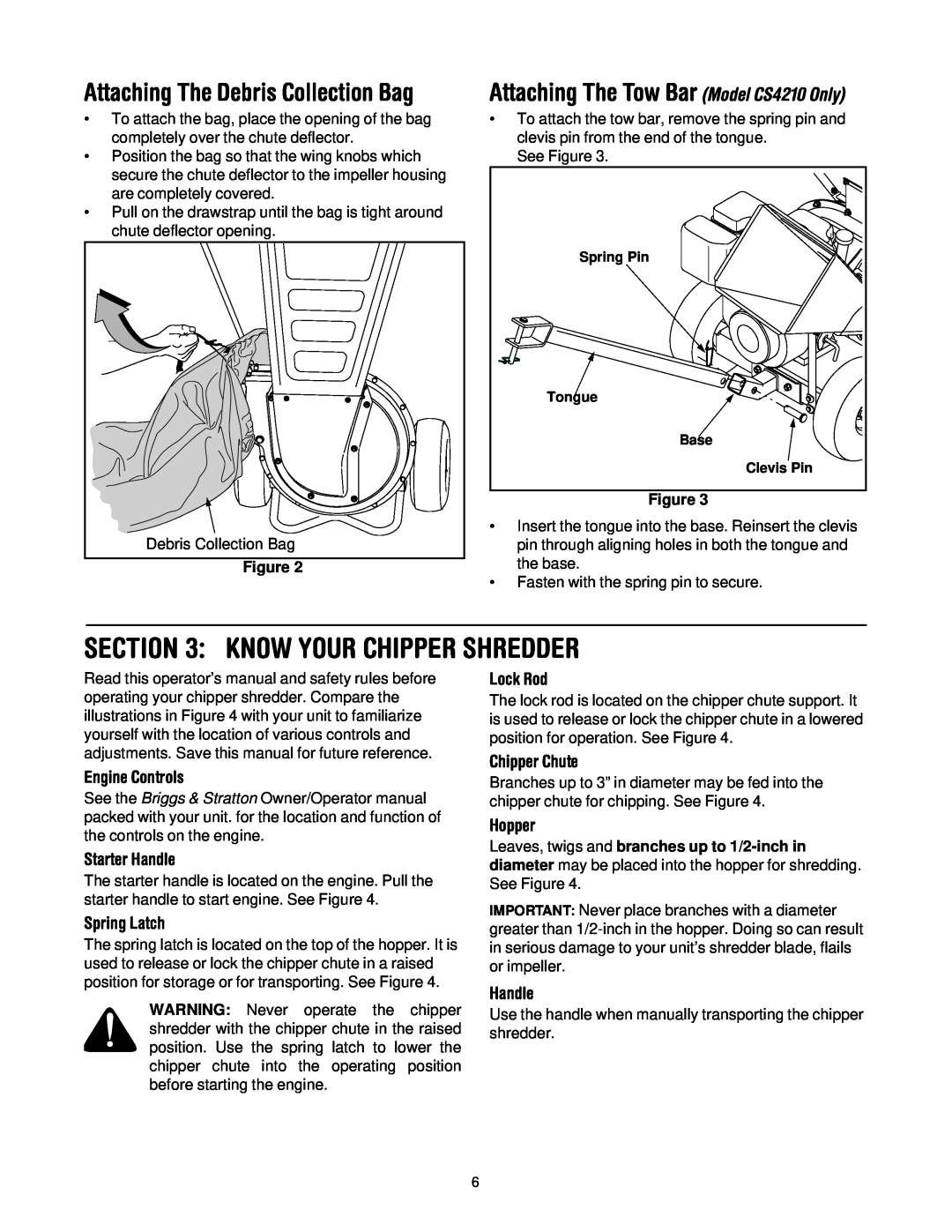 Troy-Bilt CS4265 Know Your Chipper Shredder, Attaching The Tow Bar Model CS4210 Only, Attaching The Debris Collection Bag 