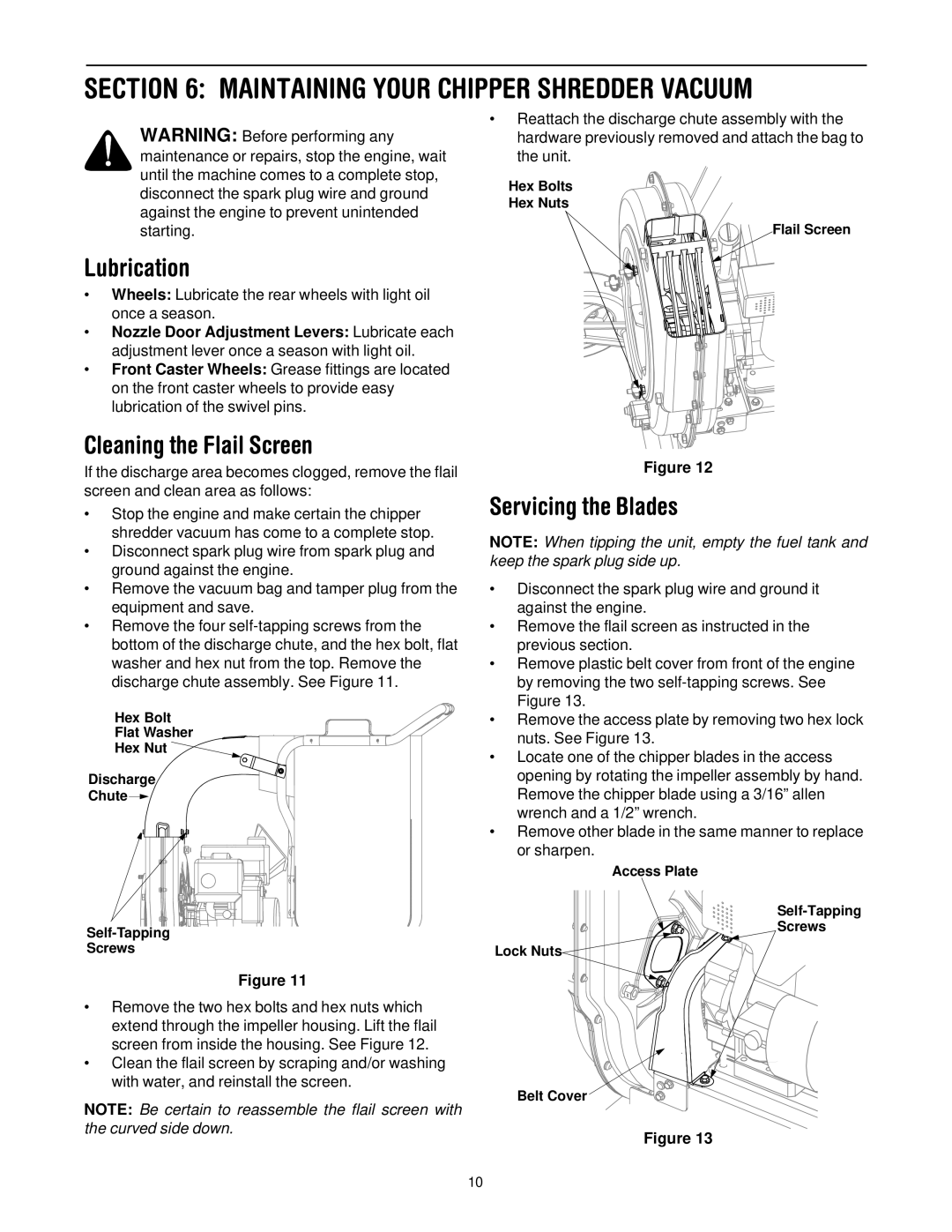 Troy-Bilt CSV206 Maintaining Your Chipper Shredder Vacuum, Lubrication, Cleaning the Flail Screen, Servicing the Blades 