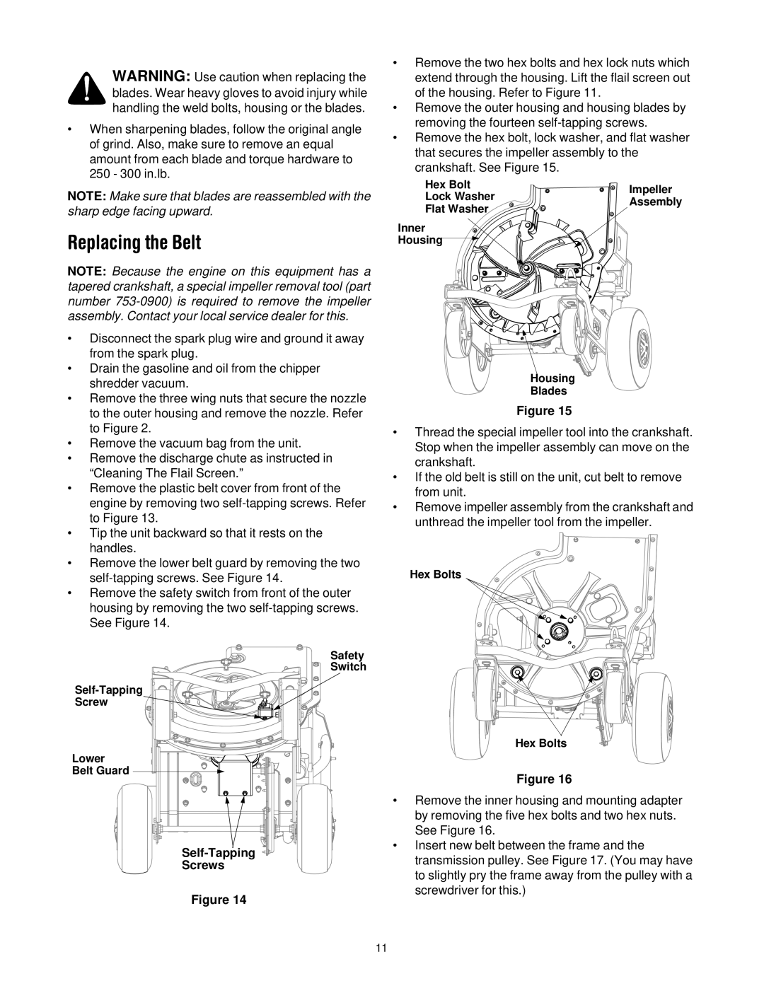 Troy-Bilt CSV206 manual Replacing the Belt, Self-Tapping Screws 