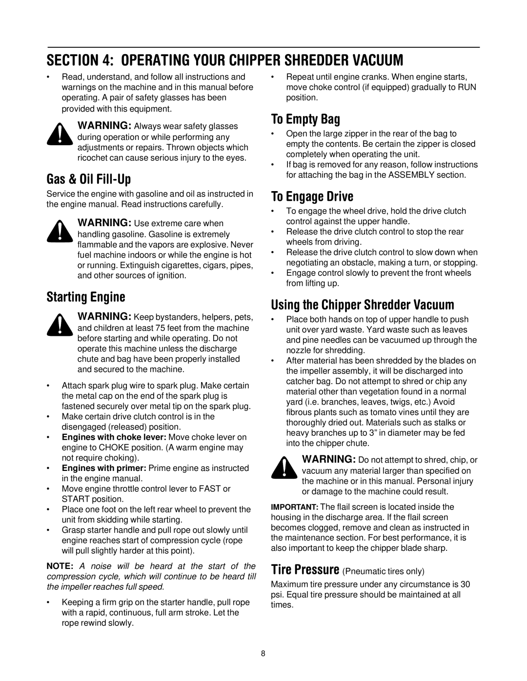 Troy-Bilt CSV206 manual Operating Your Chipper Shredder Vacuum 