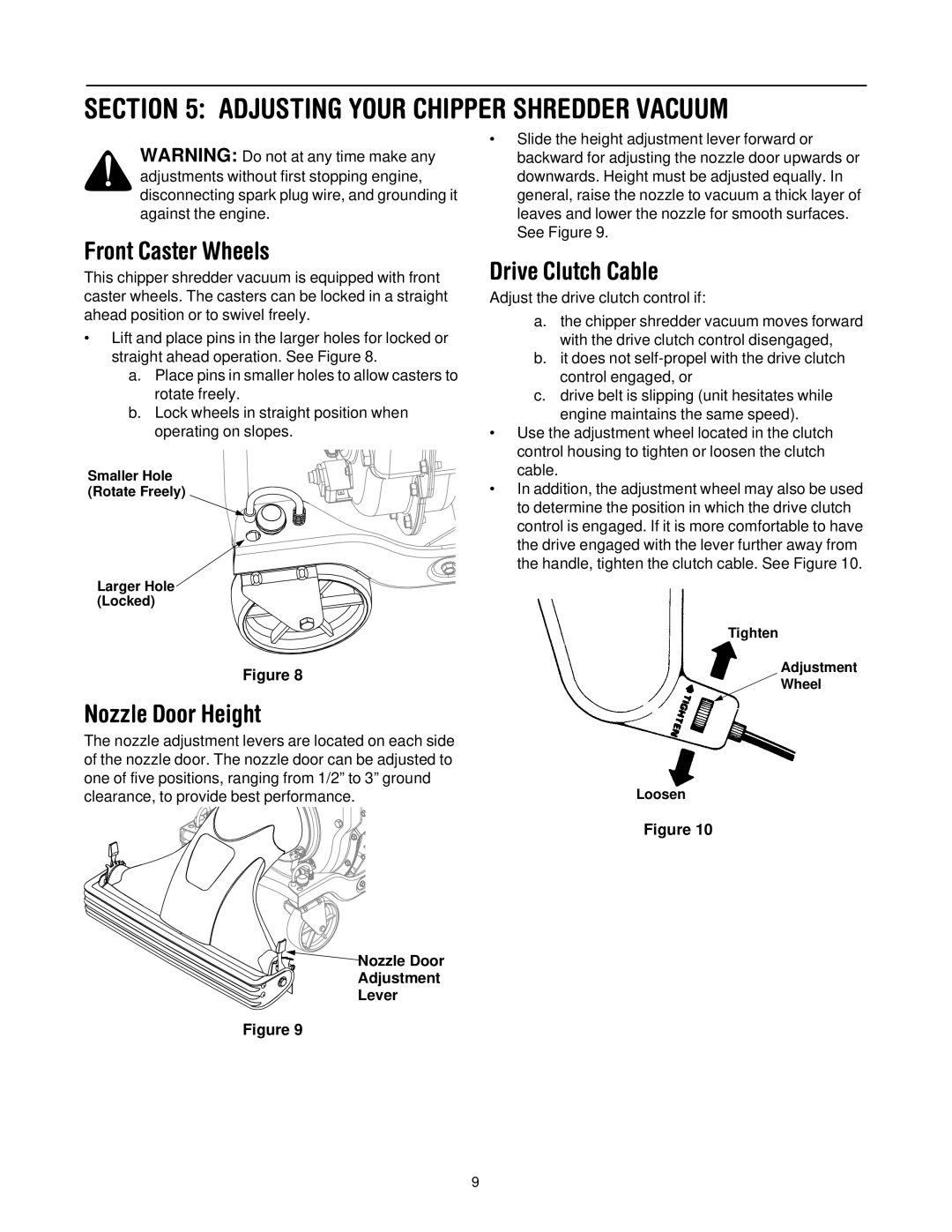 Troy-Bilt CSV206 manual Adjusting Your Chipper Shredder Vacuum, Front Caster Wheels, Nozzle Door Height, Drive Clutch Cable 