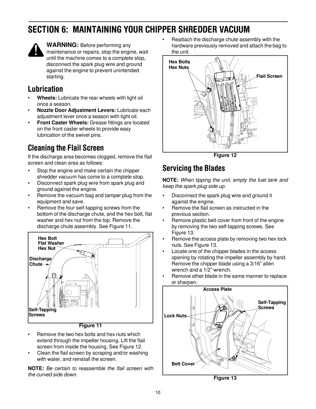 Troy-Bilt CSV206 Maintaining Your Chipper Shredder Vacuum, Lubrication, Cleaning the Flail Screen, Servicing the Blades 