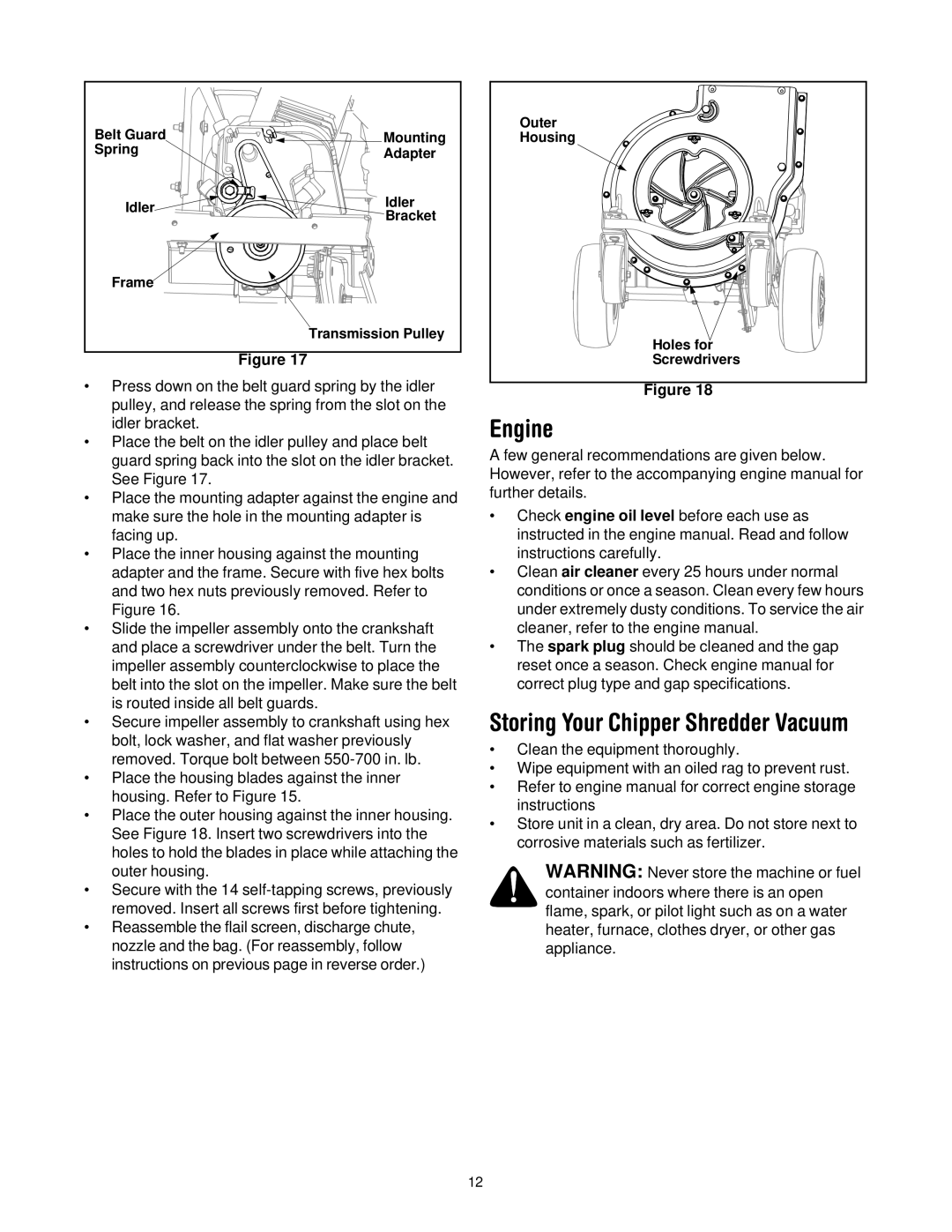 Troy-Bilt CSV206 manual Engine, Storing Your Chipper Shredder Vacuum 