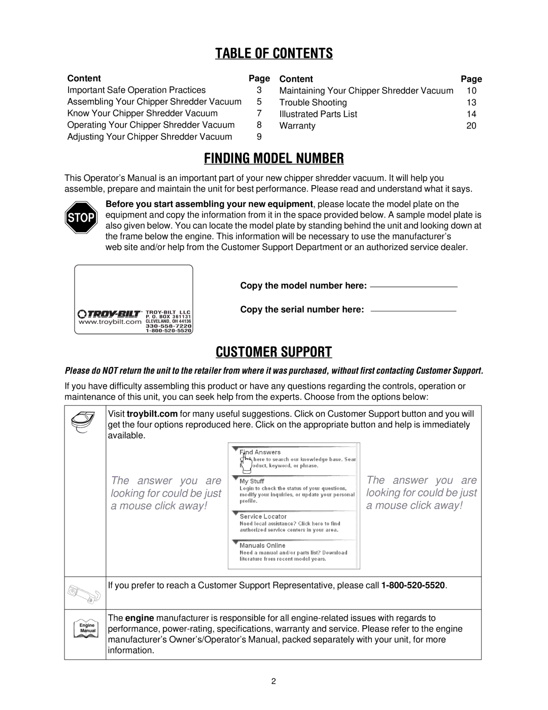 Troy-Bilt CSV206 manual Table of Contents 