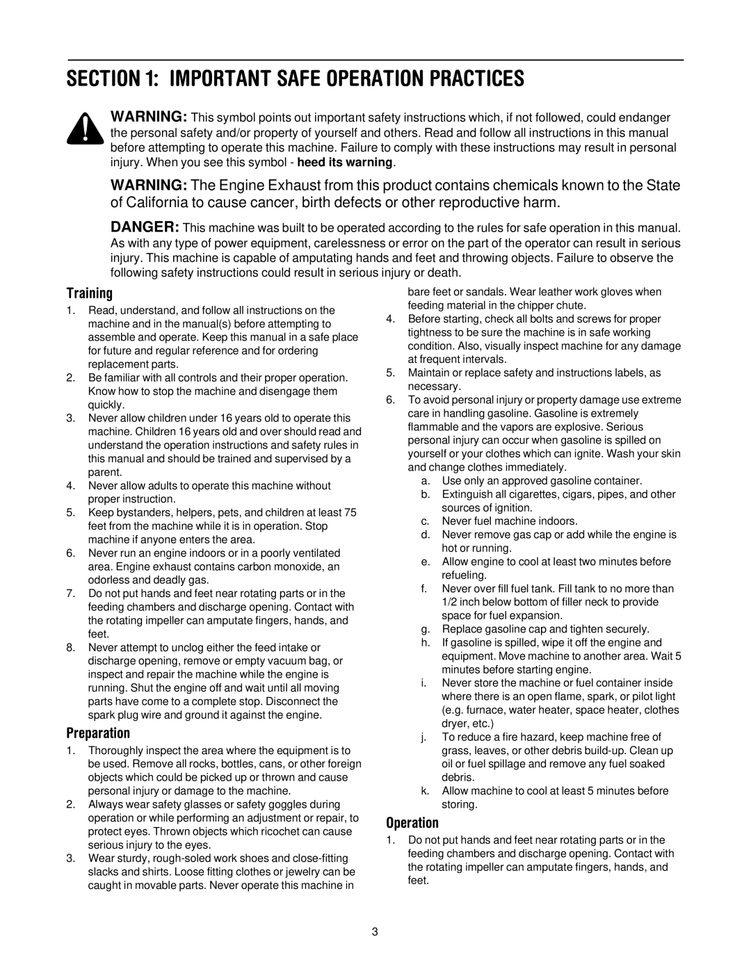 Troy-Bilt CSV206 manual Important Safe Operation Practices, Training, Preparation 