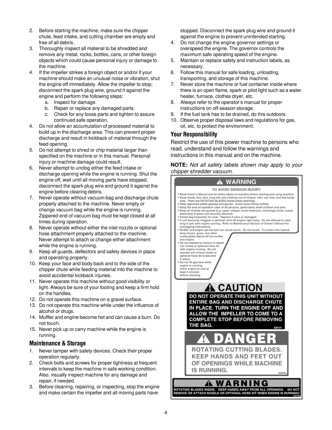 Troy-Bilt CSV206 manual Maintenance & Storage, Your Responsibility 