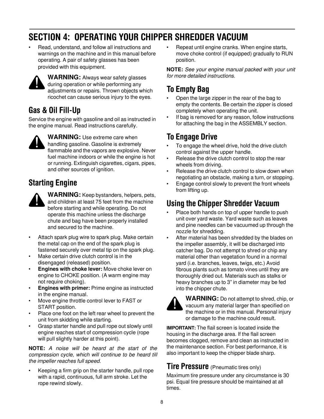 Troy-Bilt CSV206 manual Operating Your Chipper Shredder Vacuum 