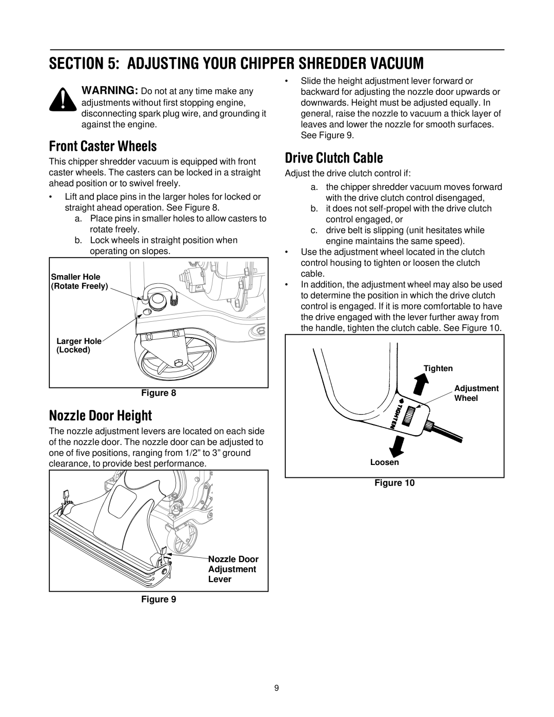 Troy-Bilt CSV206 manual Adjusting Your Chipper Shredder Vacuum, Front Caster Wheels, Nozzle Door Height, Drive Clutch Cable 