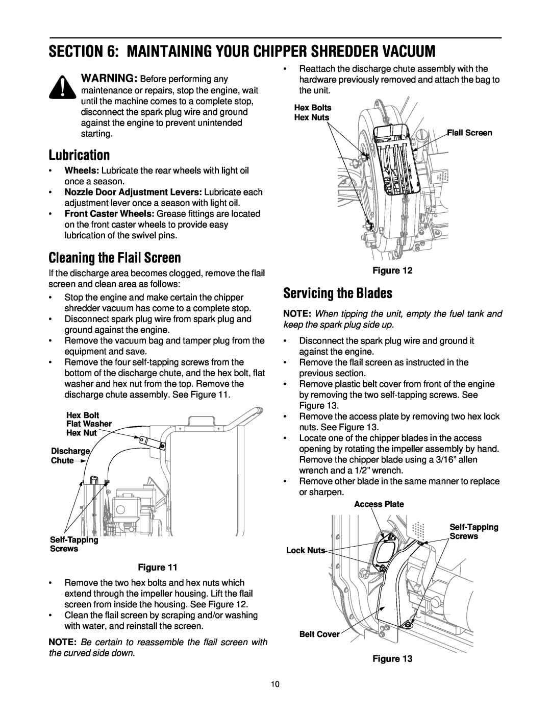Troy-Bilt CSV206 Maintaining Your Chipper Shredder Vacuum, Lubrication, Cleaning the Flail Screen, Servicing the Blades 