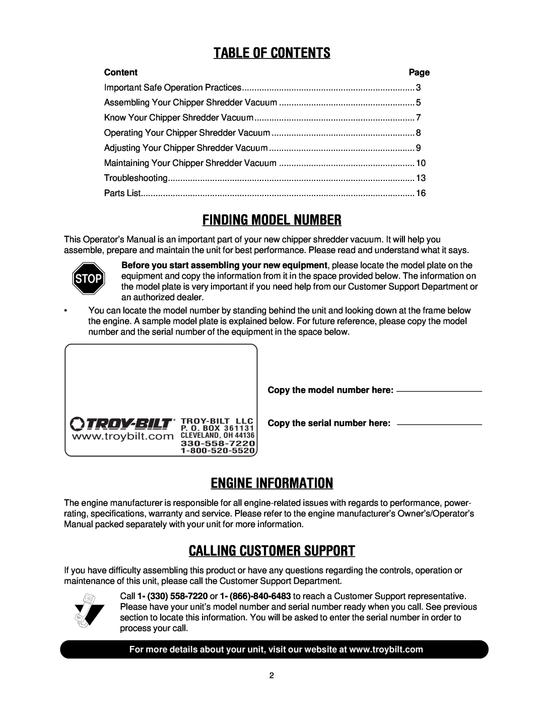 Troy-Bilt CSV206 manual Table Of Contents, Finding Model Number, Engine Information, Calling Customer Support 