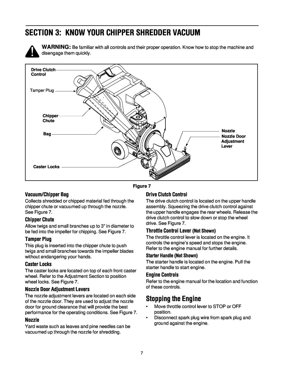 Troy-Bilt CSV206 Know Your Chipper Shredder Vacuum, Stopping the Engine, Vacuum/Chipper Bag, Chipper Chute, Tamper Plug 