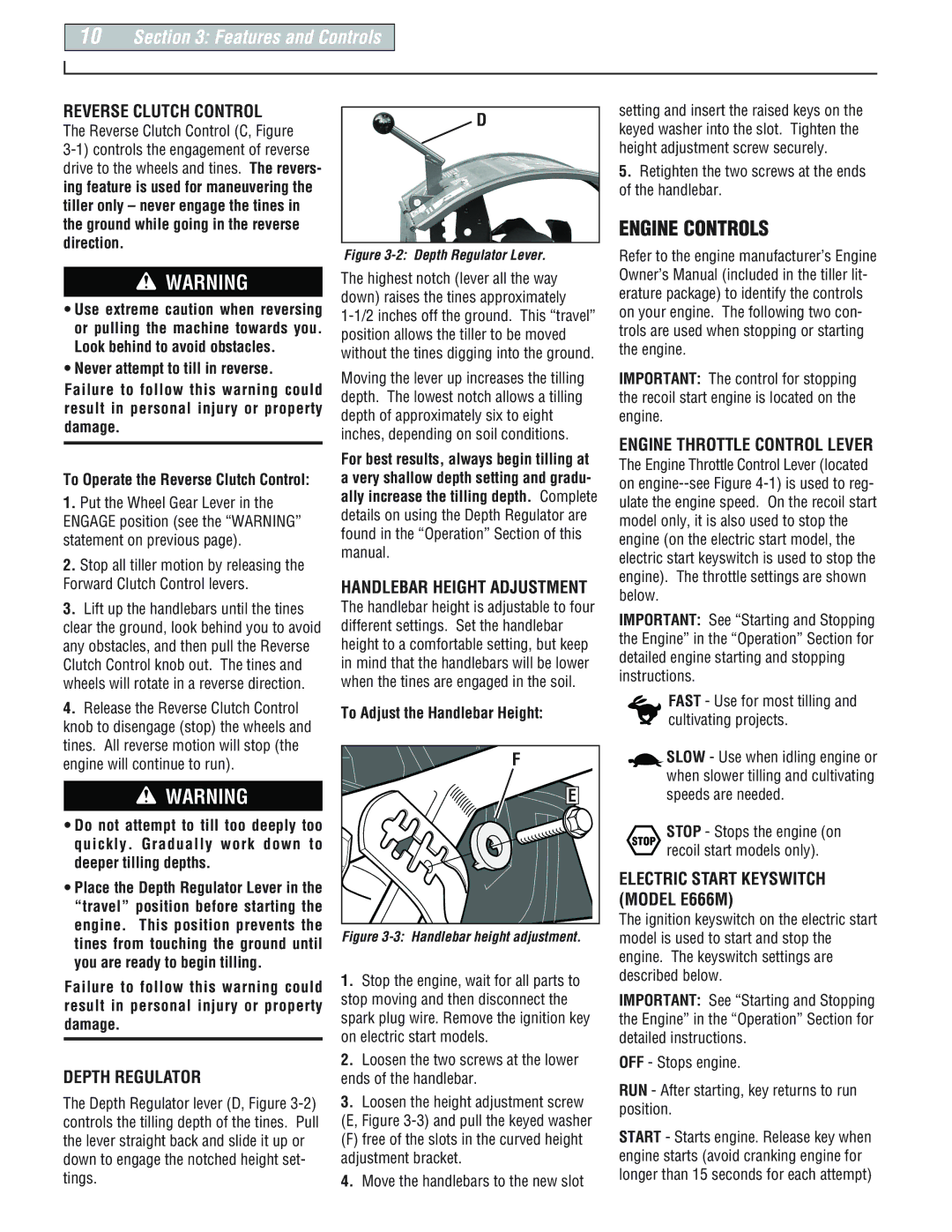 Troy-Bilt E666M-Pony manual Engine Controls, Reverse Clutch Control, Depth Regulator, Engine Throttle Control Lever 