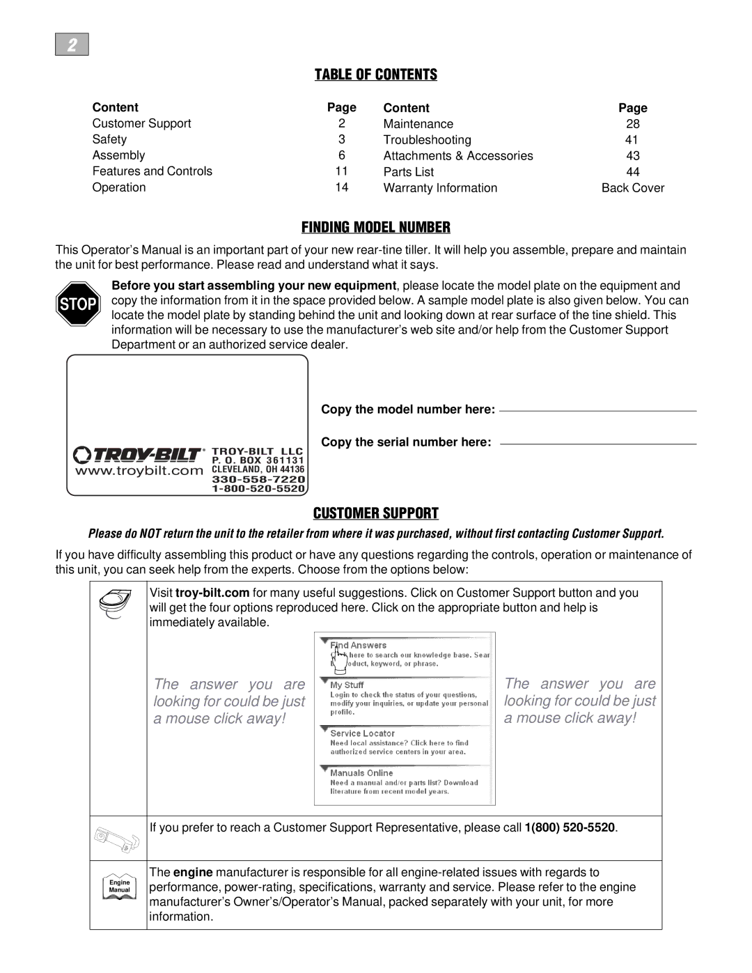 Troy-Bilt E686N manual Table of Contents 