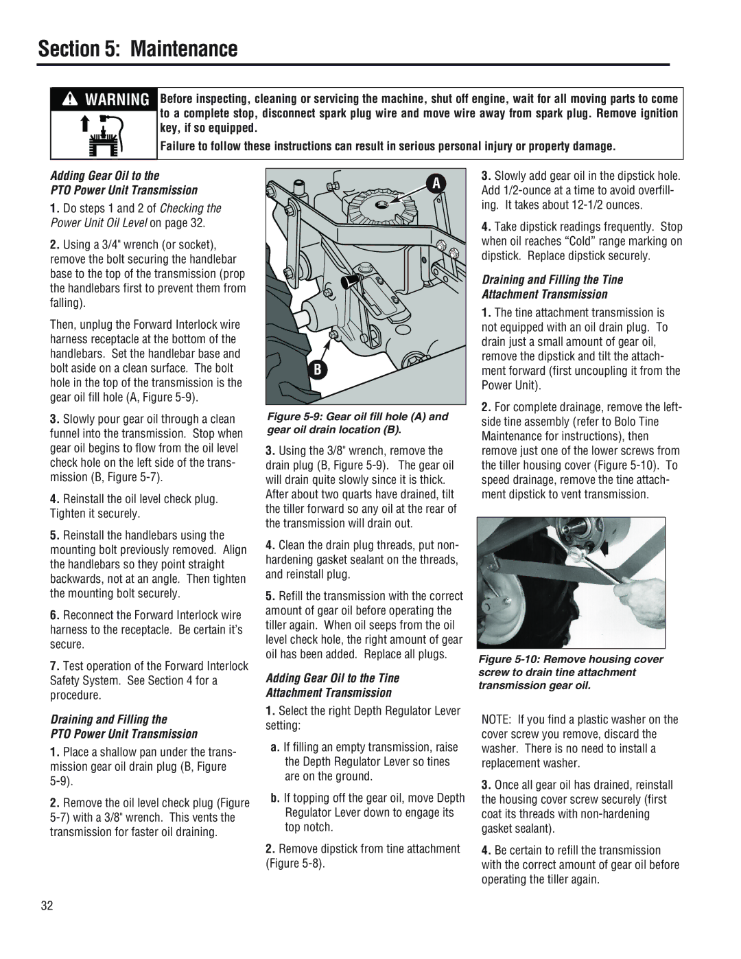 Troy-Bilt E686N manual Adding Gear Oil to PTO Power Unit Transmission, Draining and Filling PTO Power Unit Transmission 