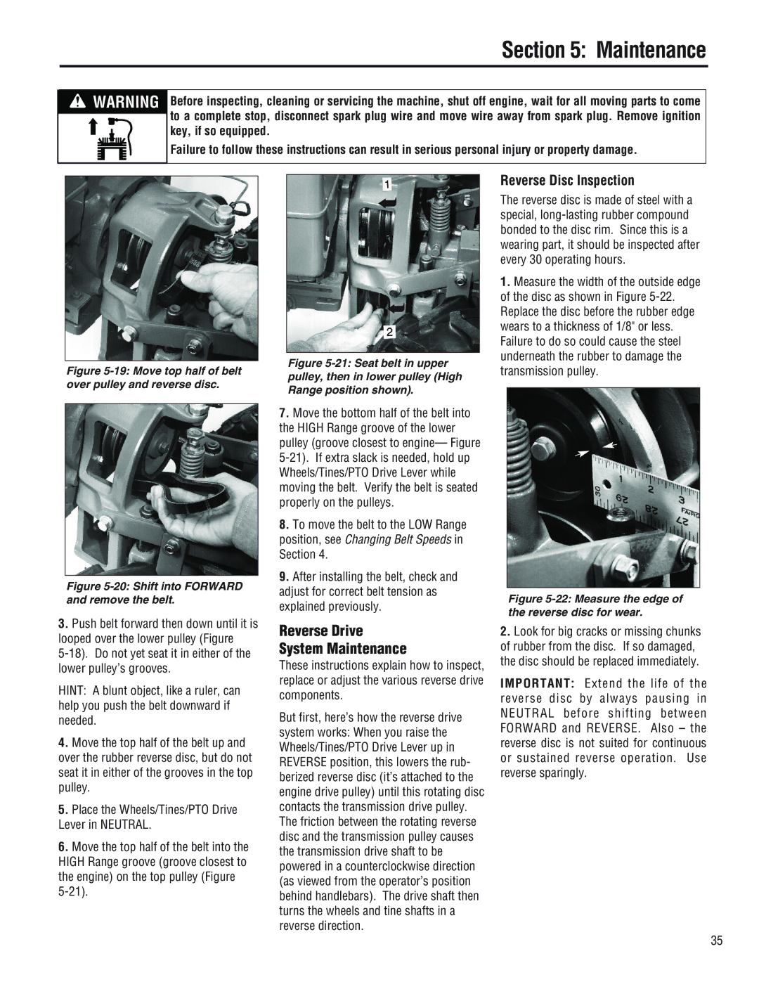 Troy-Bilt E686N manual Reverse Drive System Maintenance, Reverse Disc Inspection 