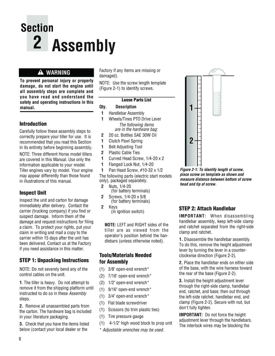 Troy-Bilt E686N Introduction, Inspect Unit, Attach Handlebar, Unpacking Instructions, Tools/Materials Needed for Assembly 