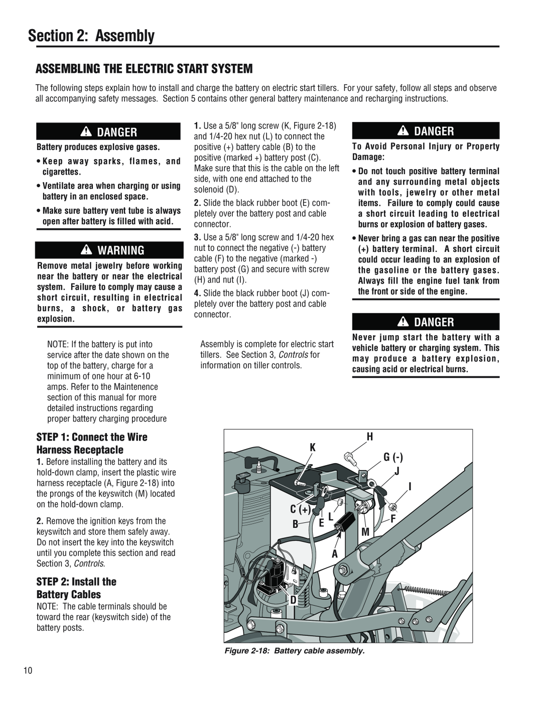Troy-Bilt E686N manual Assembling The Electric Start System, Danger, Install the Battery Cables, H K G J I C + B E Lf M A D 