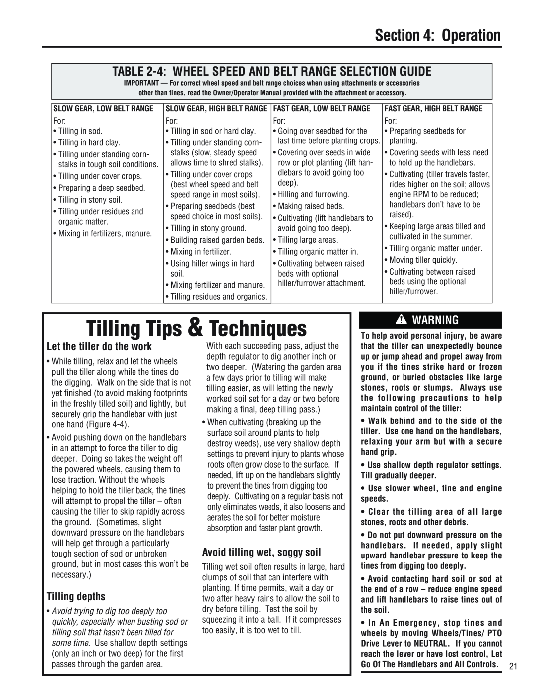 Troy-Bilt E686N manual Tilling Tips & Techniques, 4 WHEEL SPEED AND BELT RANGE SELECTION GUIDE, Let the tiller do the work 