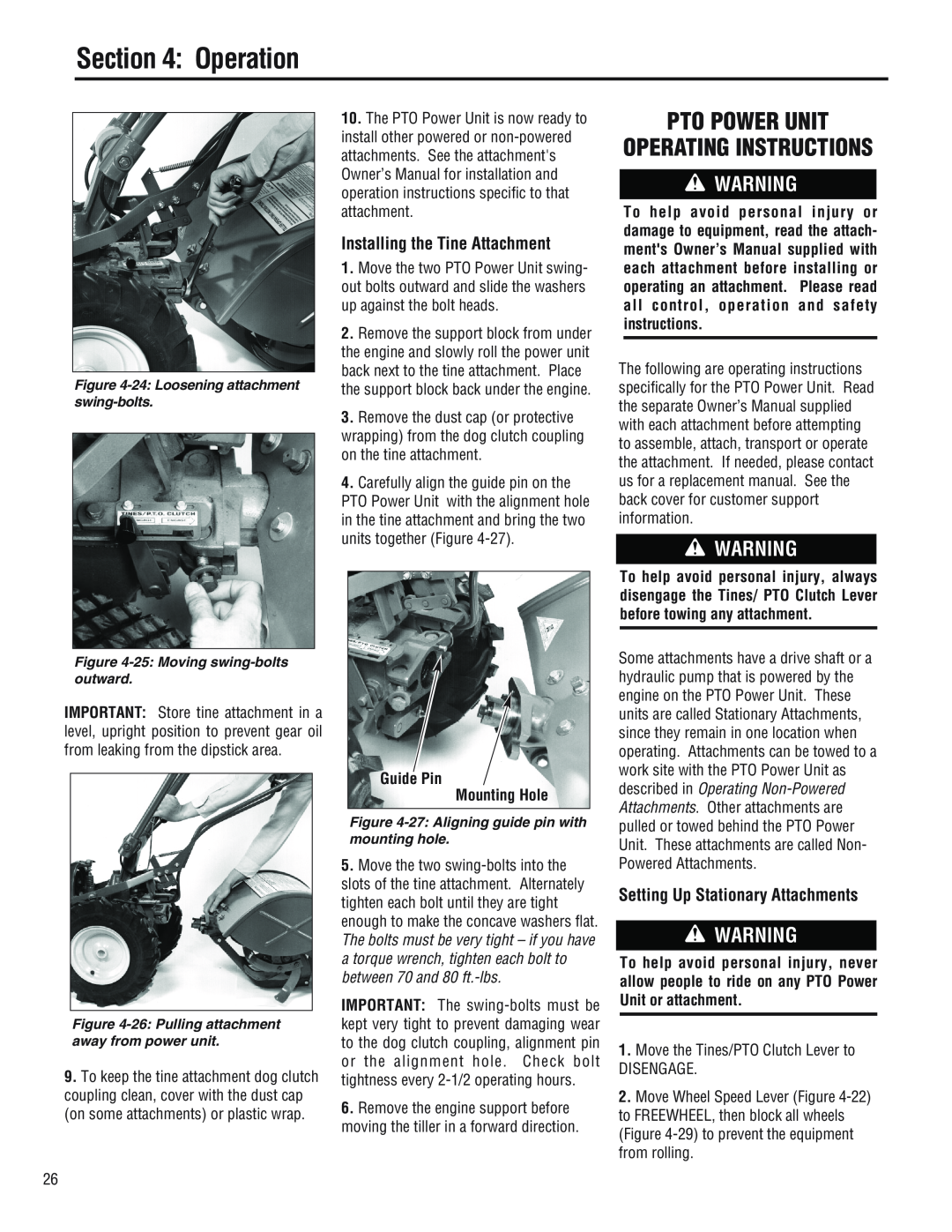 Troy-Bilt E686N Pto Power Unit Operating Instructions, Installing the Tine Attachment, Setting Up Stationary Attachments 