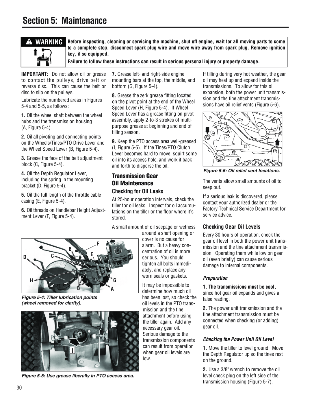 Troy-Bilt E686N manual Transmission Gear Oil Maintenance, Checking for Oil Leaks, Checking Gear Oil Levels, Preparation 