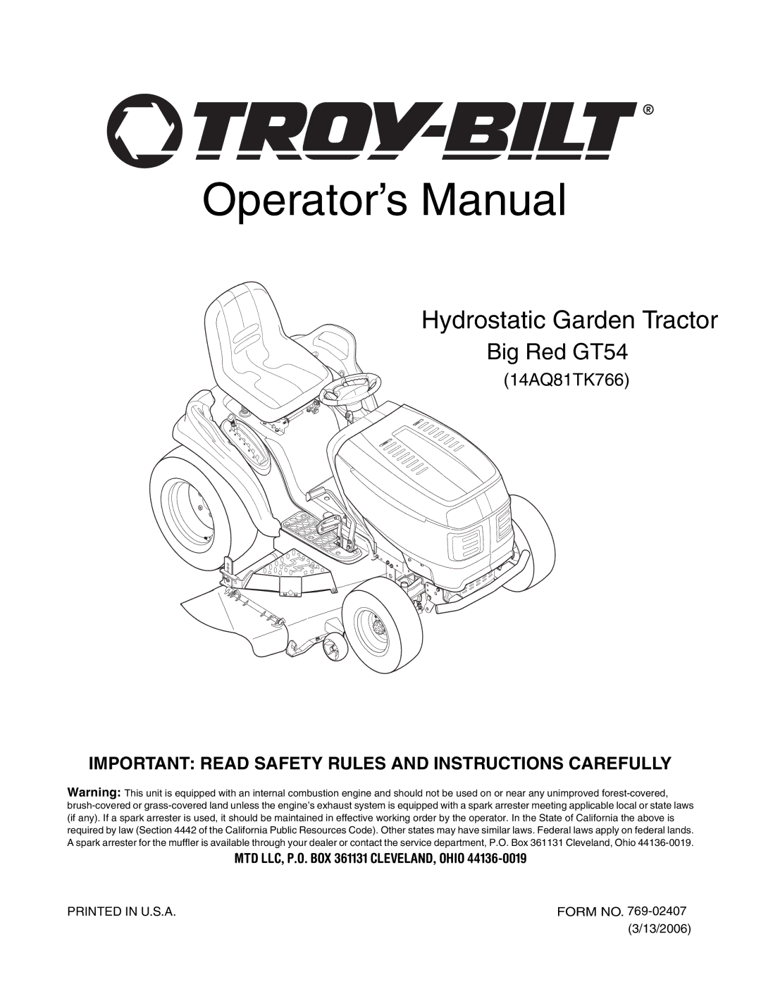 Troy-Bilt GT54 manual Operator’s Manual 