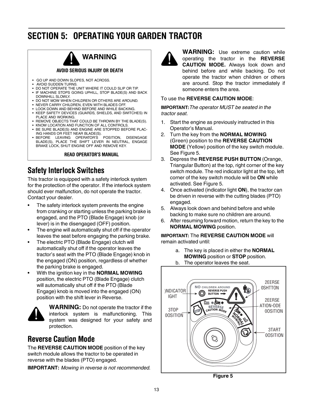 Troy-Bilt GT54 manual Operating Your Garden Tractor, Safety Interlock Switches, Reverse Caution Mode 