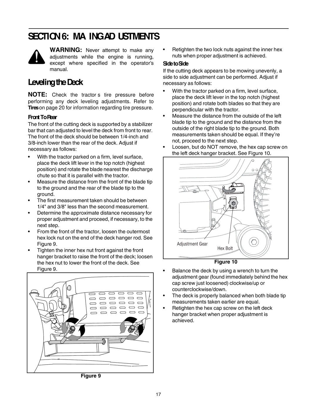 Troy-Bilt GT54 manual Making Adjustments, Leveling the Deck 