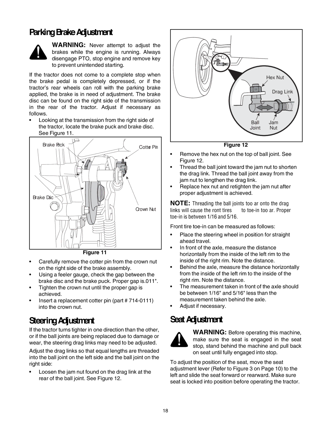 Troy-Bilt GT54 manual Parking Brake Adjustment, Steering Adjustment, Seat Adjustment 