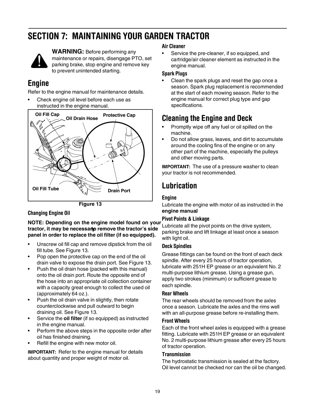 Troy-Bilt GT54 manual Maintaining Your Garden Tractor, Cleaning the Engine and Deck, Lubrication 