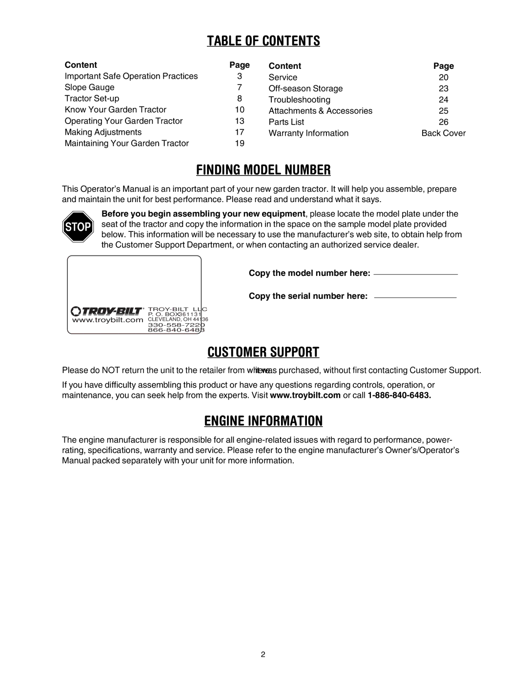 Troy-Bilt GT54 manual Table of Contents 