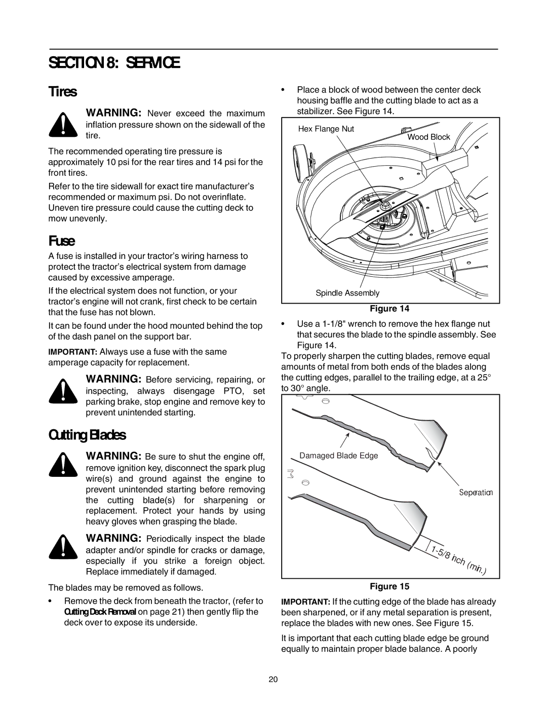 Troy-Bilt GT54 manual Service, Tires, Fuse, Cutting Blades 