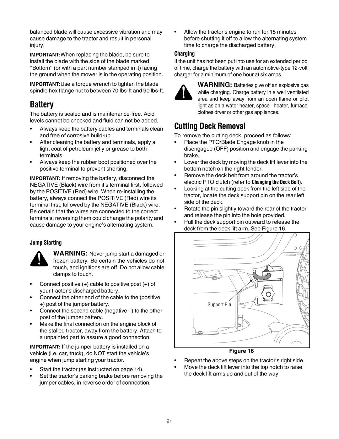 Troy-Bilt GT54 manual Battery, Cutting Deck Removal 