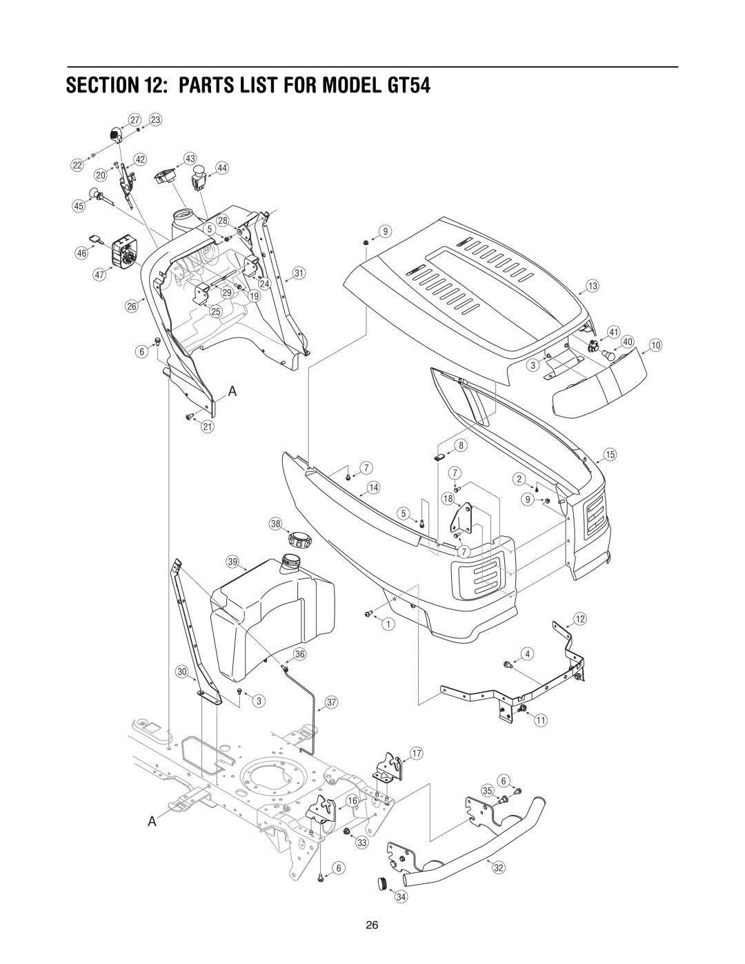 Troy-Bilt manual Parts List for Model GT54 